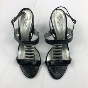 Carlos brand by Carlos Santana 4” heal Black strap sandal with silver down front